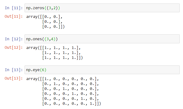 Funções np.zeros, np.ones e np.eye