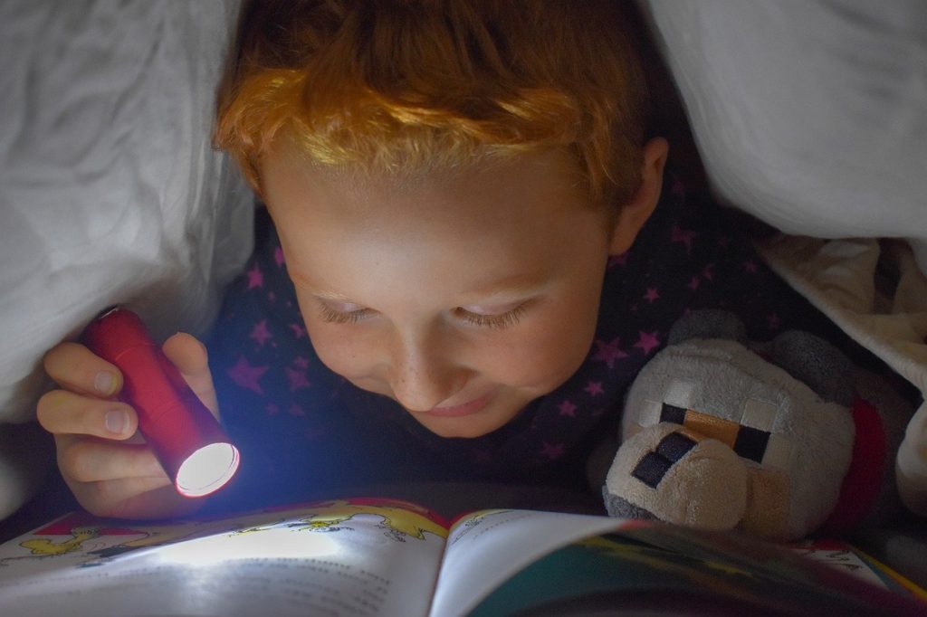 Menino lendo livro com uma lanterna - interesse pelo aprendizado