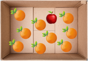Maças e laranjas em uma caixa