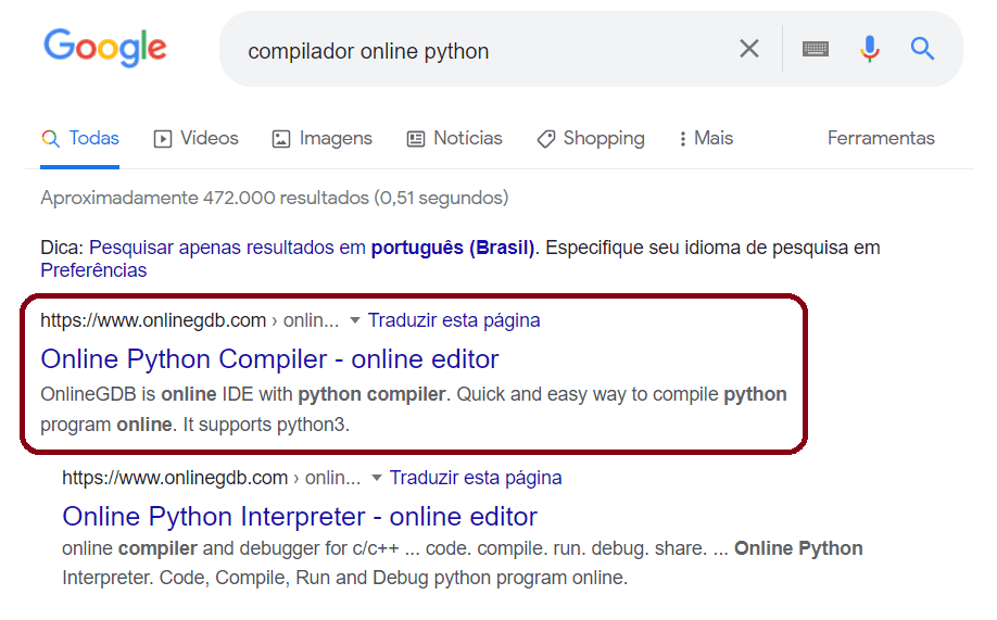 Pesquisa de compilador online Python no Google
