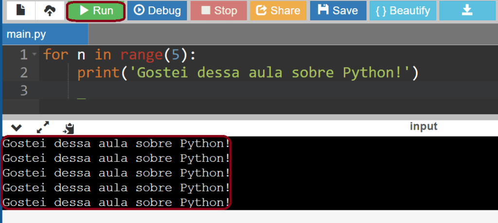 Criando loop for com a frase "Gostei muito dessa aula sobre Python!"