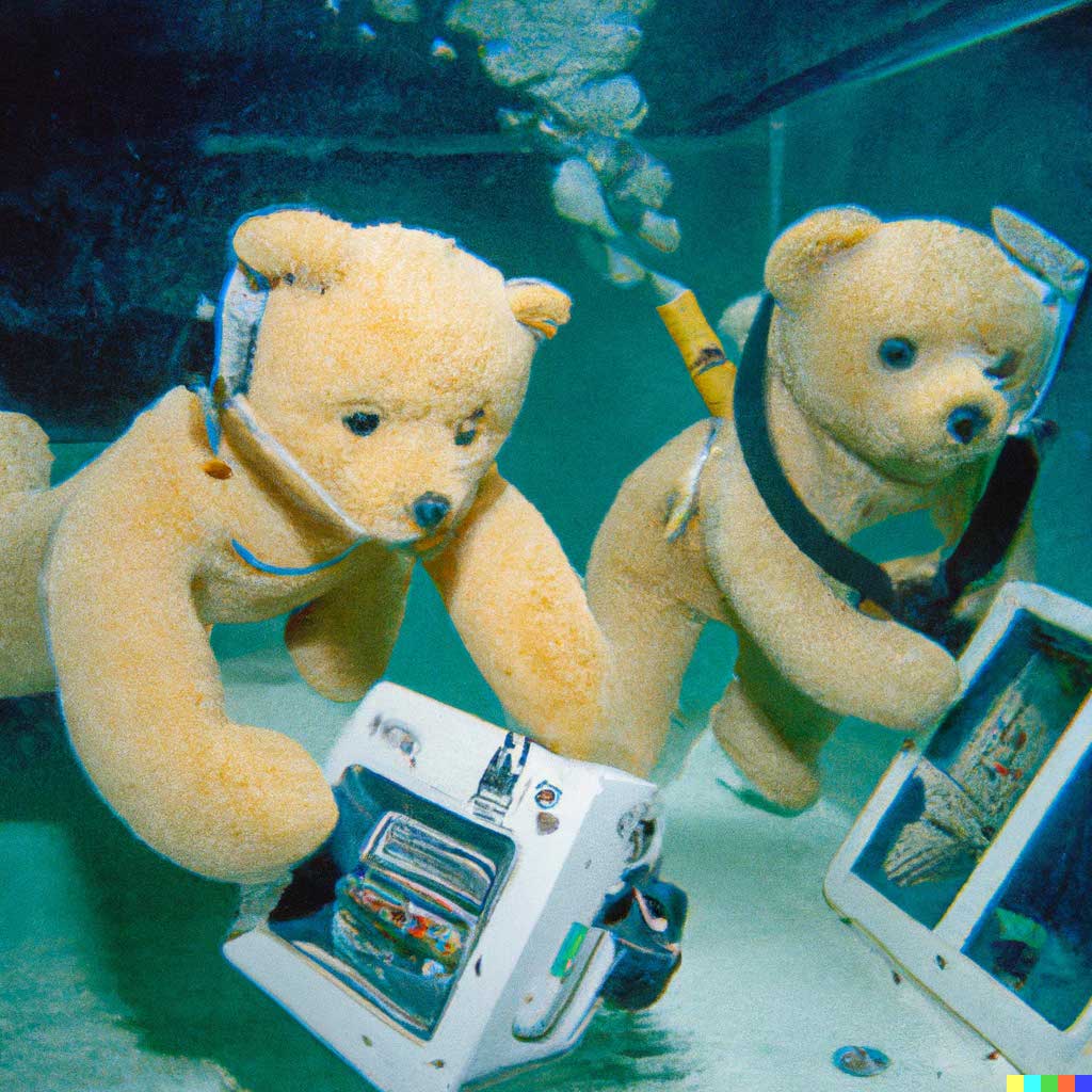 dalle2 Teddy bears trabalhando em pesquisa de inteligência artificial debaixo d'água com tecnolgia dos anos 90.